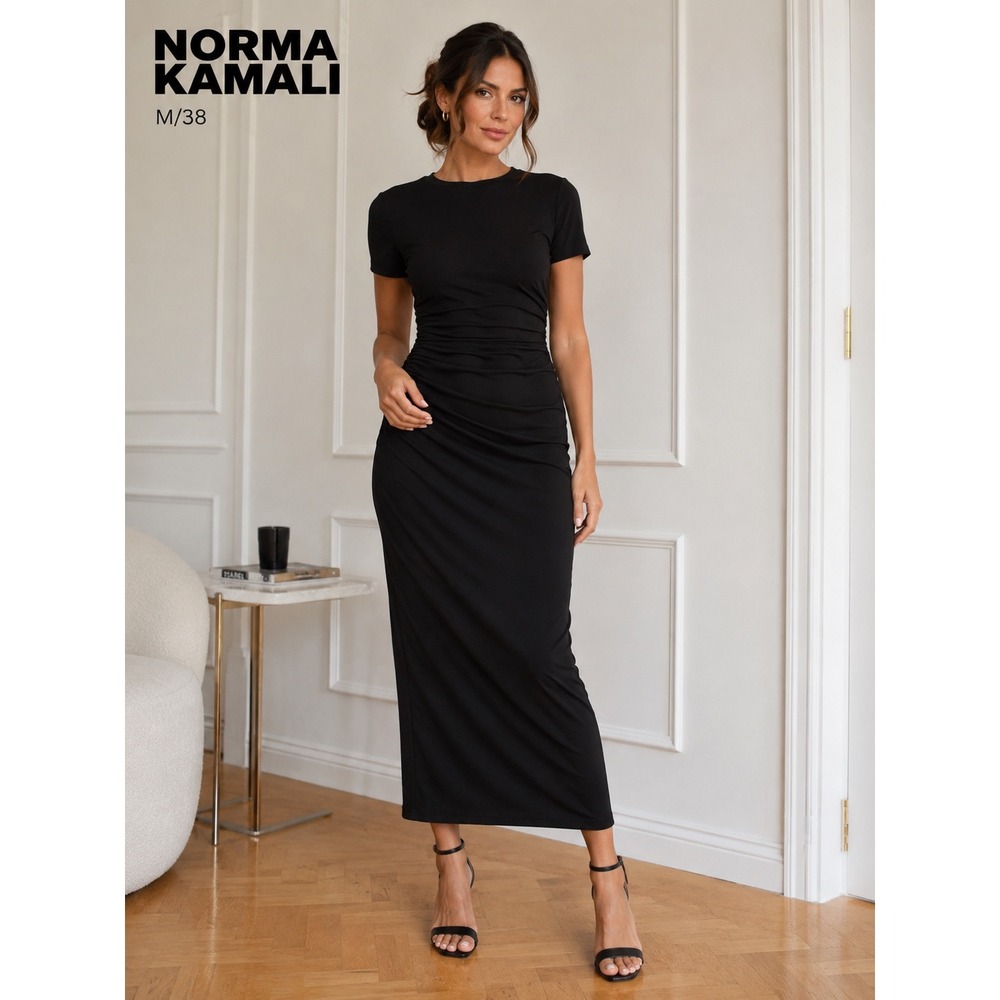 Norma Kamali Ruched Jersey Midi Dress Black Womens M
